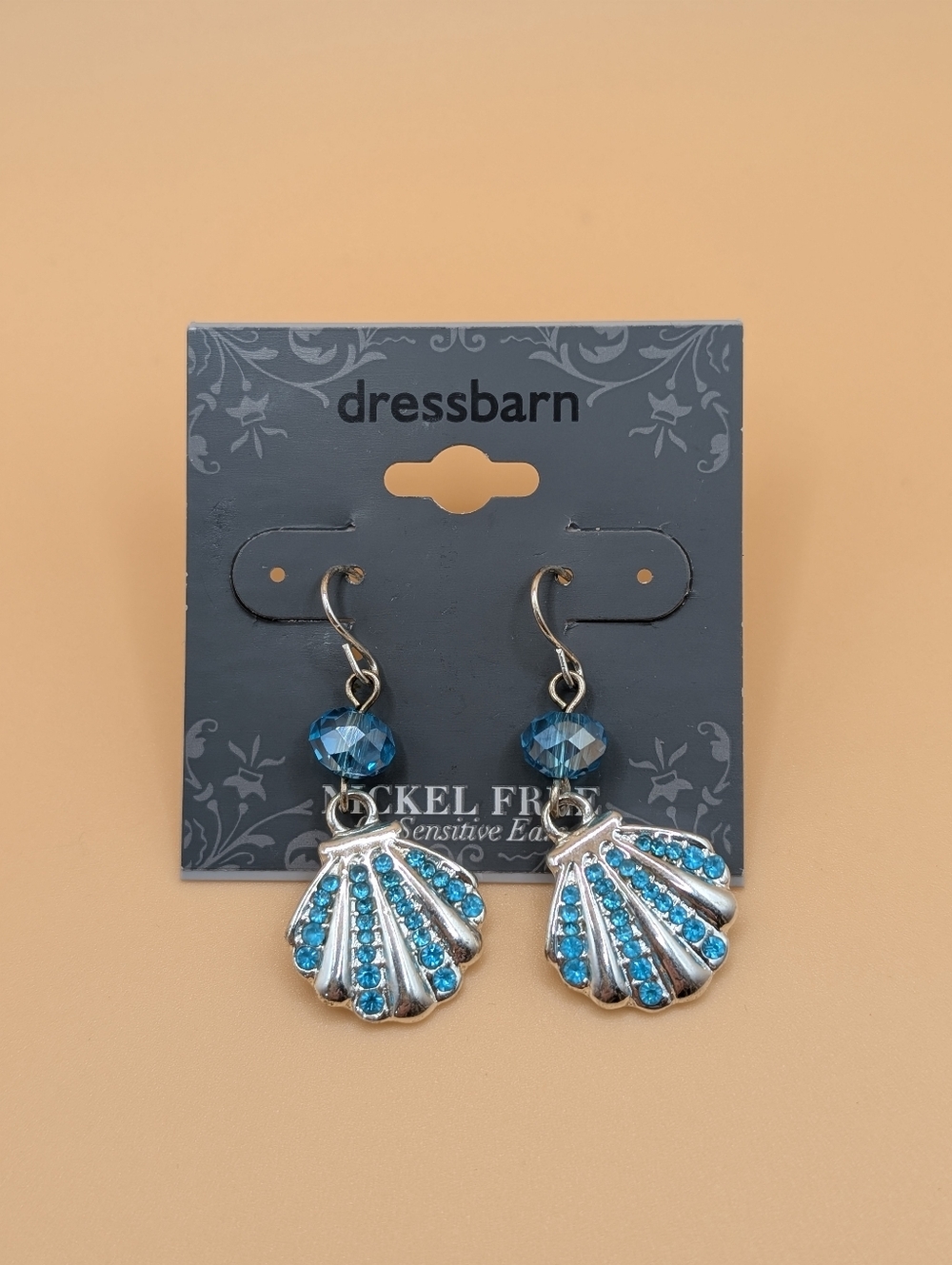 Dressbarn Silver Seashell Drop Earrings with Sparkly Blue Crystals Nickel Free